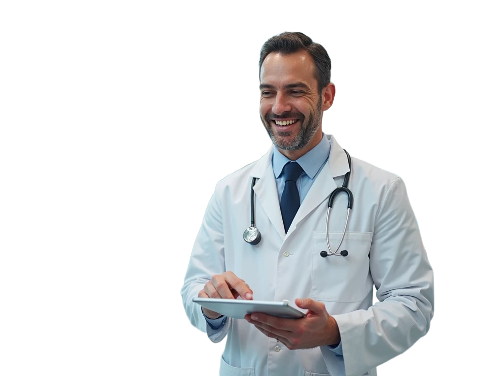 Modern UAE clinic doctor showing patient a confirmed booking on tablet